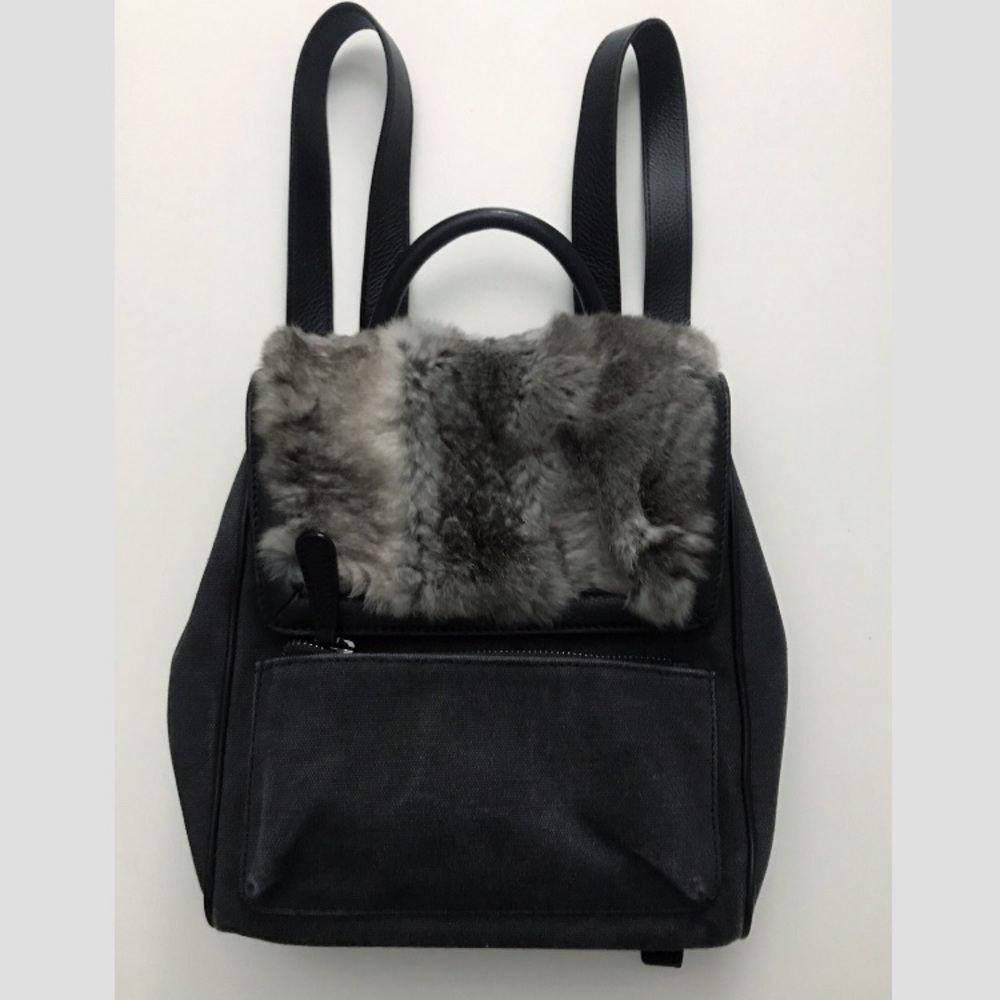 Adrienne Landau Leather, Canvas and Fur gray  Backpack